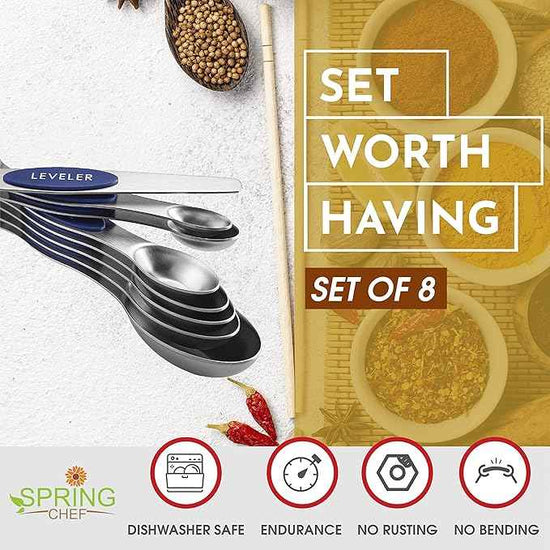 Spring Chef Stainless Steel Magnetic Measuring Spoons Set of 8 with Leveler, Heavy Duty Teaspoon & Tablespoon Measuring Spoons With Strong N45 Magnets, Kitchen Gadgets for Baking & Cooking - Sapphire
