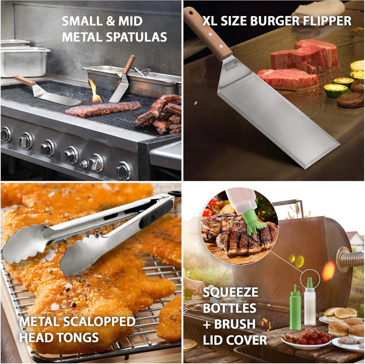 Metal Spatula Set of 6 - Griddle Accessories kit - Grill Flat Spatula Pancake Flipper Hamburger Turner - Metal Utensil Great for BBQ Grill Flat Top Cast Iron Griddle