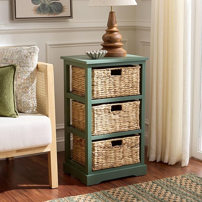 SAFAVIEH Home Collection – Halle Dusty Green 3-Drawer Basket Storage Side Table, Coastal Accent Design, Fully Assembled (AMH5738J)