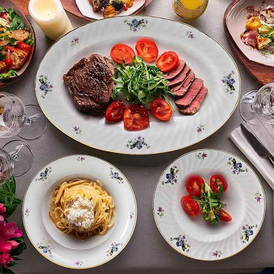 Lynns Paradise 45-Piece Serafina Dinnerware Set, 24K Gold Trim Embossed Swirl Floral Plates & Bowls Apartment Essentials Home Kitchen Dinner Accessories