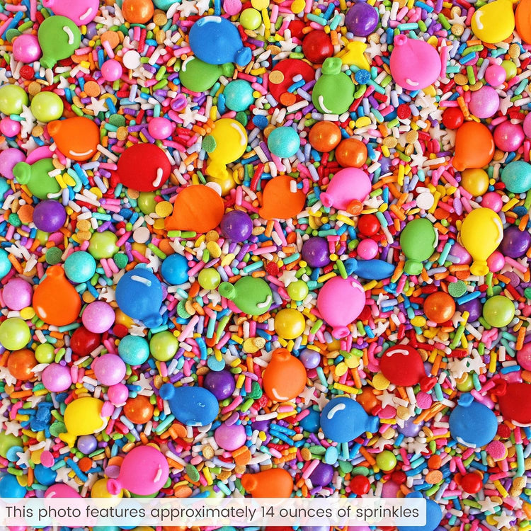 Sprinkle Pop Rainbow Birthday Sprinkle Mix| Red Orange Yellow Iridescent Rainbow Sprinkles with ~12 Royal Icing Balloons| Decorating Sprinkles Made in USA for Girl Boy Cakes Cupcakes Cookie Donut, 4oz