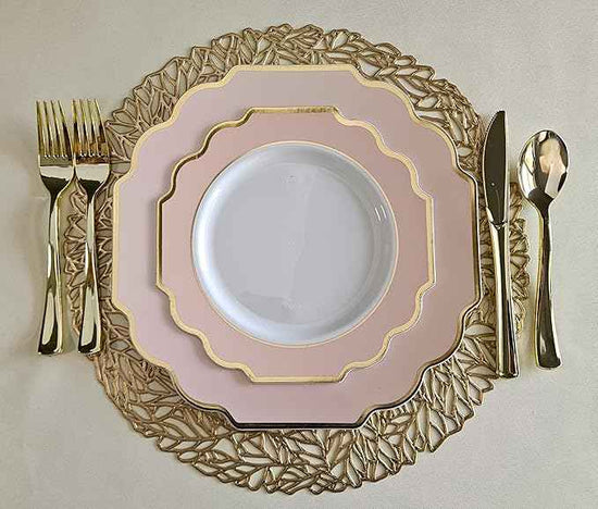 " OCCASIONS " 200 Piece set (25 Guests)-Wedding Plastic Plates & cutlery -Disposable heavyweight Dinnerware 10.5'', 8'' + Silverware + Cups + Napkins (Imperial in Blush Pink & Gold)