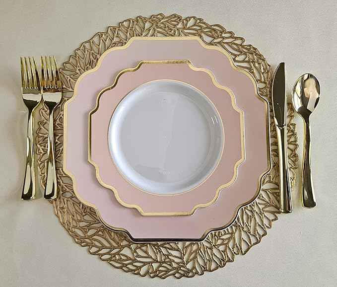 " OCCASIONS " 320 Piece set (40 Guests)-Heavyweight Wedding Party Disposable Plastic Plate Set - 40 x 10.5'' + 40 x 8'' + Silverware + Cups + Napkins (Imperial in Blush Pink & Gold)