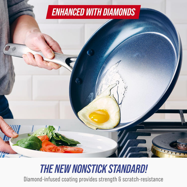 Blue Diamond 8” & 10" Nonstick Frying Pan Skillet Set, Diamond Infused PFAS & PTFE-Free Ceramic Pots & Pans, Dishwasher & Oven Safe, Stay Cool Handles, Non Toxic Metal Utensil Safe, Blue & Grey