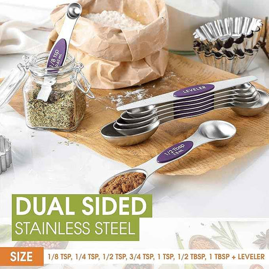 Spring Chef Purple Stainless Steel Magnetic Measuring Spoons Set of 8 with Leveler, Dual Sided Metal Teaspoon & Tablespoon Measuring Spoons, Kitchen Gadgets for Baking & Cooking, Fits in Spice Jars