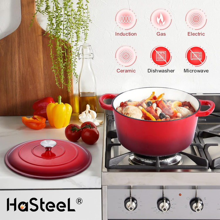 Small 3 Quart Dutch Oven, HaSteeL Round Cast Iron Cooking Pot with Lid, Nonstick Enameled Cookware for Sourdough Bread Baking Roasting Stewing Braising Frying, Heavy Duty & Oven Safe 500℉, Red - Nestoria
