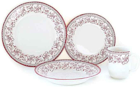Tudor Royal Collection 16 Piece Round Dinnerware Set, Service for 4, Aster Pink Design, Red Floral, Plates Bowls Dishes, High Gloss Premium Quality