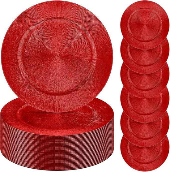 Tanlade 50 Pcs Charger Plates Bulk, 13 Inch Plastic Round Charger Dinner Plates Elegant Wedding Serving Plate for Event Tabletop Wedding Party Bridal Baby Shower Decor (Red)