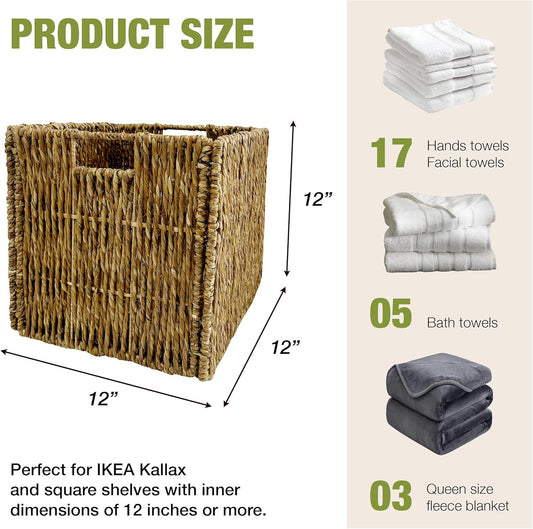 4 Pack Collapsible Storage Bins - 12x12 Wicker Storage Cubes, 12 inch Storage Baskets For Organizing, IKEA Shelves, Kallax Inserts, Closet, Office – Foldable Storage Basket For Shelves, Toys, Clothes