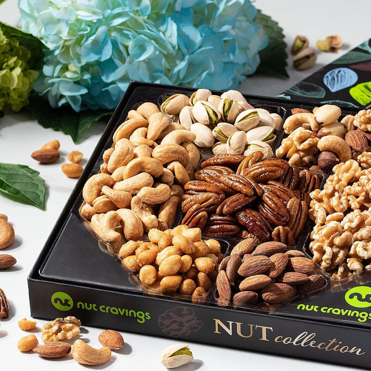 NUT CRAVINGS - Nut Collection Gift Basket in Elegant Box (7 Assortments) Food Arrangement, Healthy Snack Care Package, Food Assortments