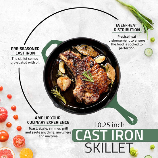 Utopia Kitchen Cast Iron Frying Pan 10.25 Inch, Cast Iron Chefs Pan, Pre Seasoned Skillet, Safe Grill Cookware for Indoor & Outdoor Use, Green - Nestoria