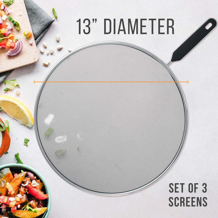 3 Piece Stainless Steel Splatter Guard Set 13" Fine Mesh Cover