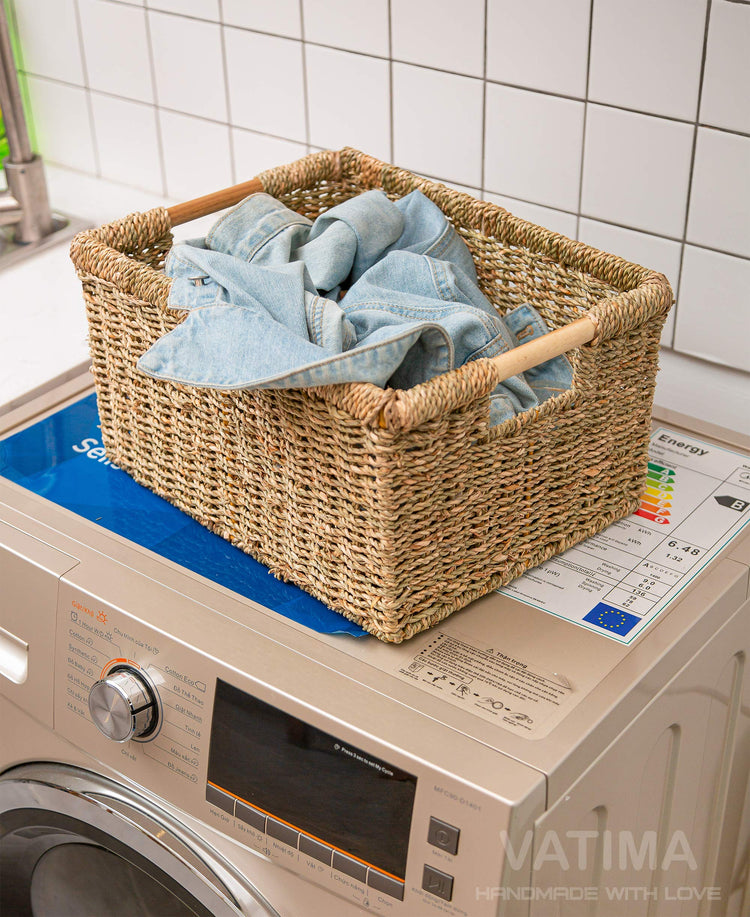 Large Wicker Storage Basket with Wooden Handles