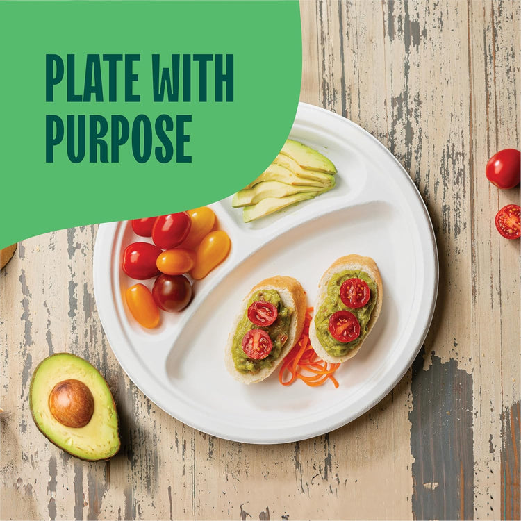 100% Compostable Paper Plates 10 Inch Bulk [500 Count] Heavy-Duty Dinner Plates with Compartments - Natural White Color Bagasse - Eco-Friendly Disposable Biodegradable Sugarcane - [Case 4/125 Pack]