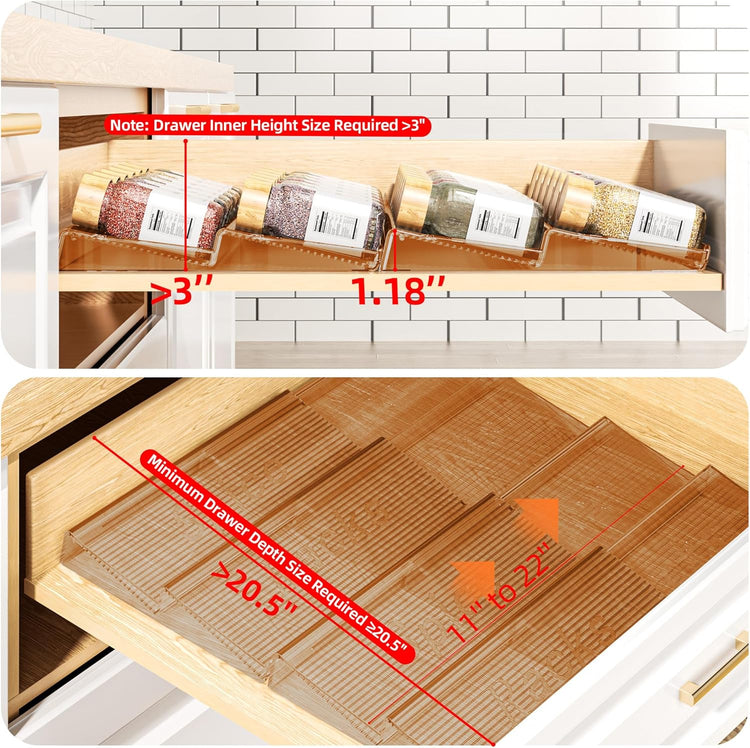 8 Packs Spice Drawer Organizer, 2-Tier Acrylic Drawer Seasoning Organizer, Expandable From 11'' to 22'' Kitchen Spice Rack Organizers and Storage for Drawer (Jars not included), Amber