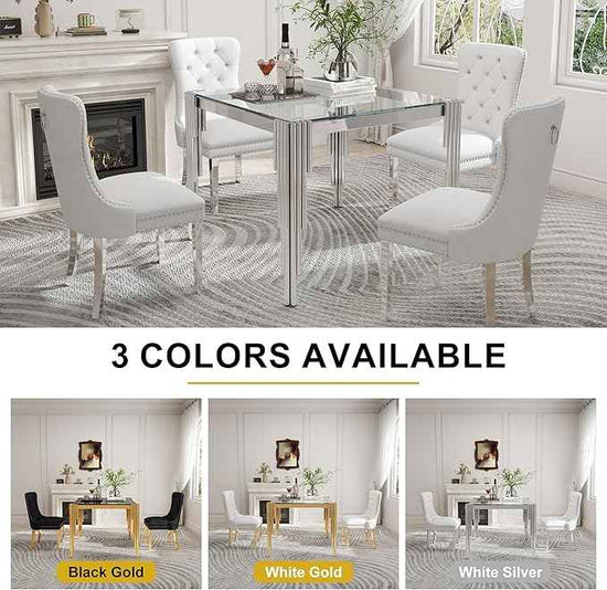 35'' Modern Square Glass Dining Table for 4 People,Tempered Glass Top Dining Room Table with Stainless Steel Base, Glass and Silver Dining Table for 4, Rectangle Dining Kitchen Table for Dinner