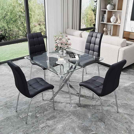 5 Piece Square Glass Dining Table Set, Round Tempered Glass Kitchen Table for 4, Modern Table with 4 High-Back Upholstered Chairs for Kitchen Dining Room (Silver Legs, 4 Black Chairs)