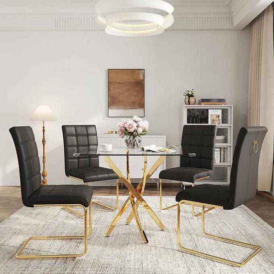 AF ARTISAN FURNITURE 5 Piece Square Glass Dining Table Set, Gold Glass Kitchen Table Set for 4 Modern Table Set with 4 Black PU Upholstered Dining Chairs, for Small Space, Breakfast Nook