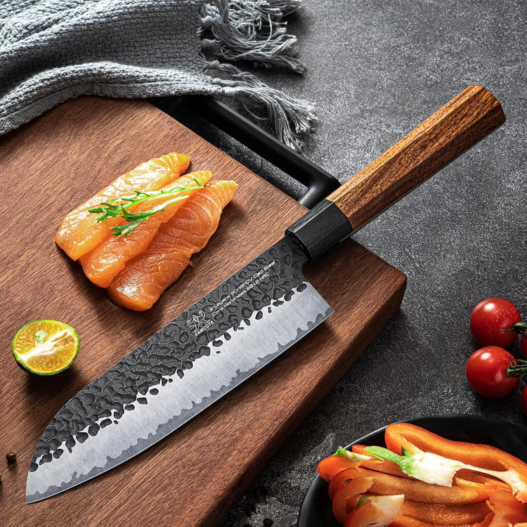 Santoku Knife 7 inch, Hand Forged 5 Layers 9CR18MOV High Carbon Steel Professional Kitchen Knife, Ultra Sharp Rosewood Handle Japanese Sushi Knife As a Thoughtful Birthday Gifts for Mom/Dad