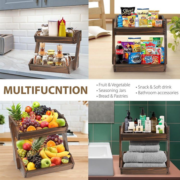 Large Capacity 2-Tier Wooden Fruit Basket, Durable Acacia Wood, 10.5" Tall, Spacious for Produce, Vegetables, Bread Storage and Home Kitchen Countertop