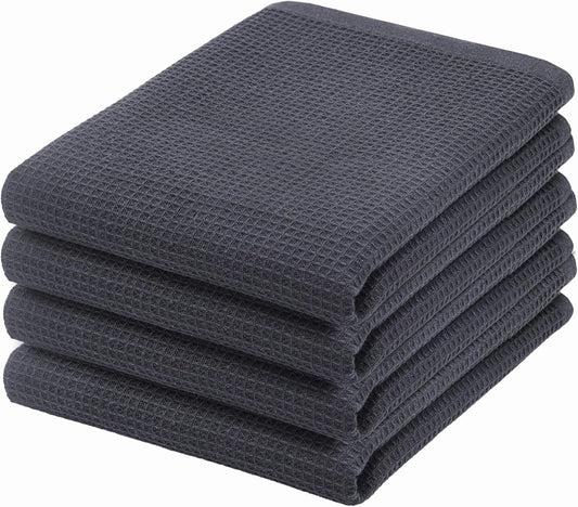 PurpleEssences Waffle Weave Kitchen Towel, 100% Cotton - 15 x 25 Inches, with Hanging Loop Ultra Soft Absorbent Quick Drying Dish Cloth, Tea and Hand Towels, 4 Pack - Spring Summer - Dark Grey - Nestoria