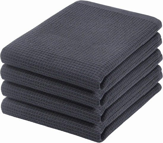 PurpleEssences Waffle Weave Kitchen Towel, 100% Cotton - 15 x 25 Inches, with Hanging Loop Ultra Soft Absorbent Quick Drying Dish Cloth, Tea and Hand Towels, 4 Pack - Spring Summer - Dark Grey - Nestoria