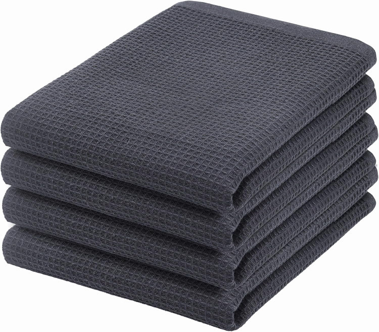 PurpleEssences Waffle Weave Kitchen Towel, 100% Cotton - 15 x 25 Inches, with Hanging Loop Ultra Soft Absorbent Quick Drying Dish Cloth, Tea and Hand Towels, 4 Pack - Spring Summer - Dark Grey - Nestoria