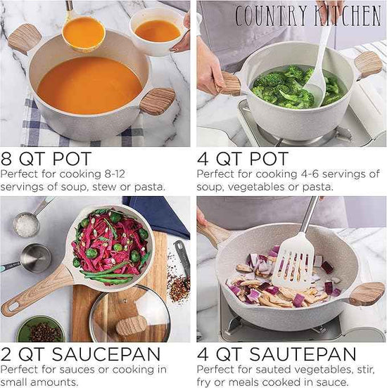 Country Kitchen Non-Stick Cast Aluminum Cookware Set - Durable Kitchen Cookware for Everyday Cooking, Cream, 13 Pc.