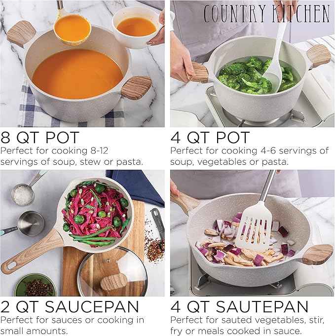 Country Kitchen Non-Stick Cast Aluminum Cookware Set - Durable Kitchen Cookware for Everyday Cooking, Cream, 13 Pc.