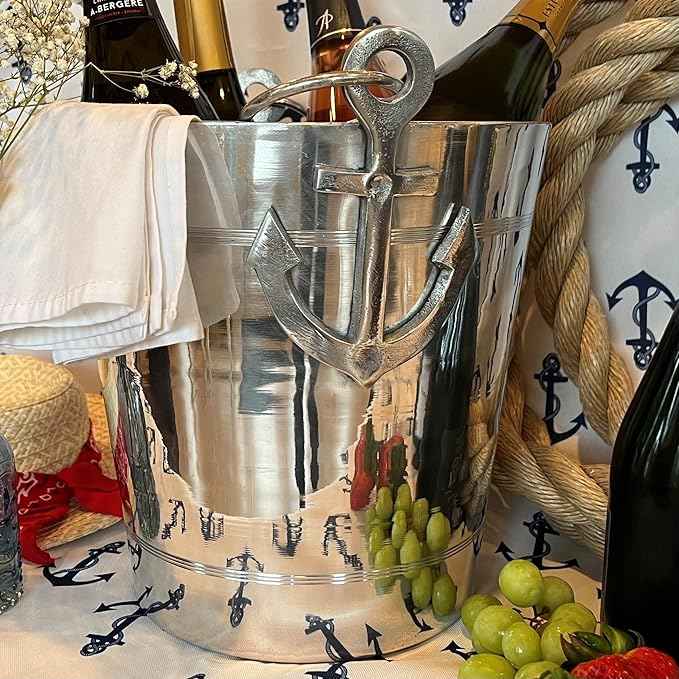 WHW Whole House Worlds Anchors Ice Bucket, Luxury Wine Cooler with Handles and Loops, Aluminum, 12.25 Inches