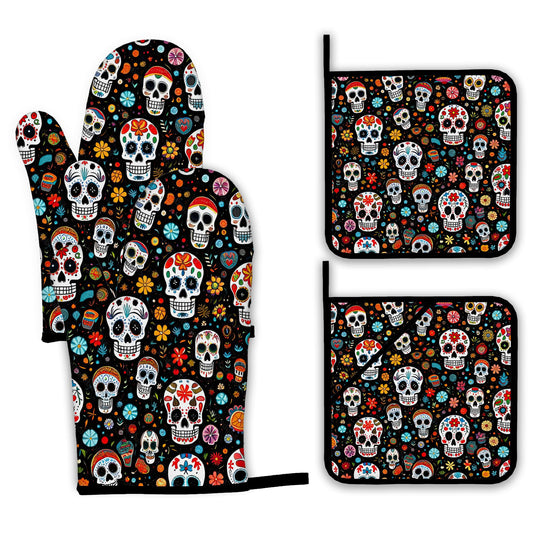 Day of The Dead Skull Mexican Oven Mitts and Pot Holders Set (4 Count)