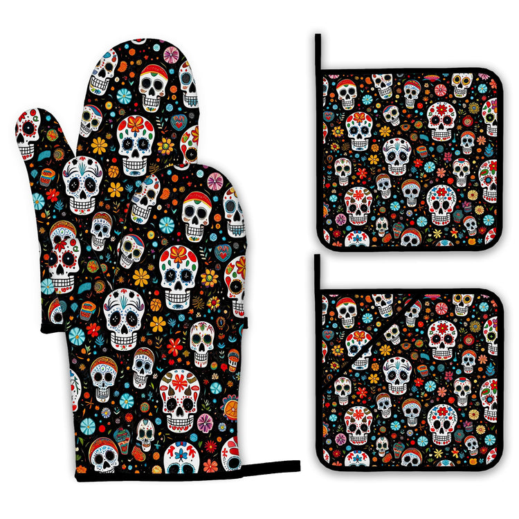 Day of The Dead Skull Mexican Oven Mitts and Pot Holders Set (4 Count)
