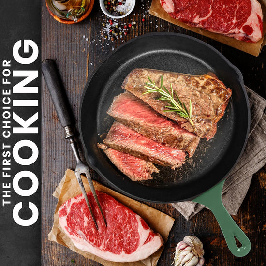 Utopia Kitchen Cast iron Skillets 3 Piece Set, Chefs Pan, Pre Seasoned Cast iron Skillets, 6, 8 & 10 Inches, Easy Use in the Oven, Stove, Grill, or Campfire, Green - Nestoria