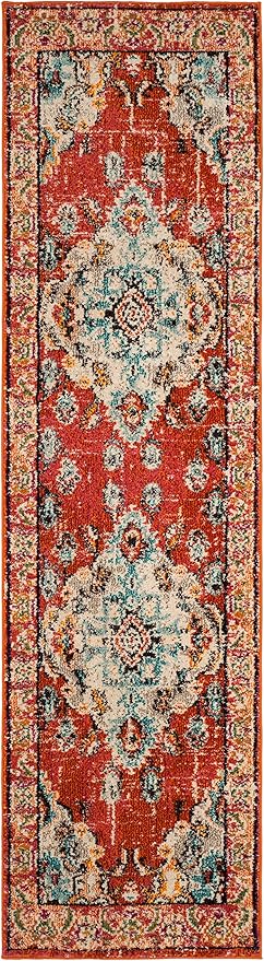 SAFAVIEH Monaco Collection Runner Rug - 2'2" x 12', Orange & Light Blue, Non-Shedding & Easy to Clean, Distressed Medallion Design, Ideal for Hallway, Foyer, Entryway, Kitchen, Bedroom (MNC243H)