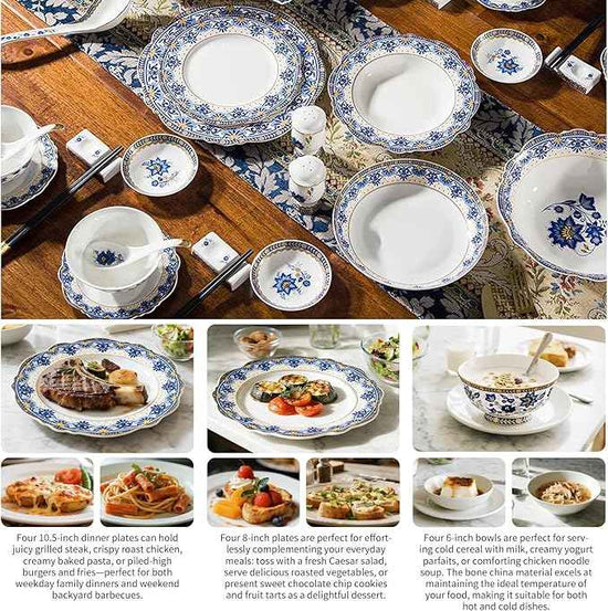 ACMLIFE 12-Piece Bone China Dinnerware Set, Blue and White Vintage Floral Dinnerware Set Service for 4, Lightweight Plates and Bowls Set with Gift Box (Blue-B)