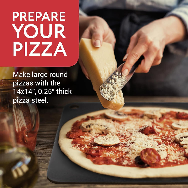 IMPRESA Pizza Steel for Oven - 14 x 14 x 0.25 in Black Carbon Steel - Fast Heat Retention for Crispy Crust - Nonstick Surface with Pizza Stone & Pan Performance