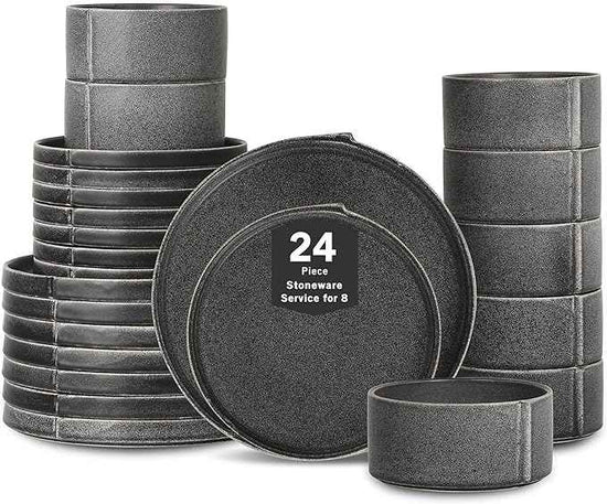 Stone Lain Bao Charcoal 24-Piece Stoneware Dinnerware Set – Service for 8, Round Dinner, Salad & Cereal Plates – Modern Textured Tableware for Everyday Dining & Entertaining
