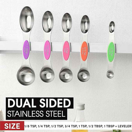Spring Chef Stainless Steel Magnetic Measuring Spoons Set of 8 with Leveler, Nesting Metal Teaspoon & Tablespoon Measuring Spoons, Kitchen Gadgets for Baking & Cooking, Fits in Most Spice Jars - Neon