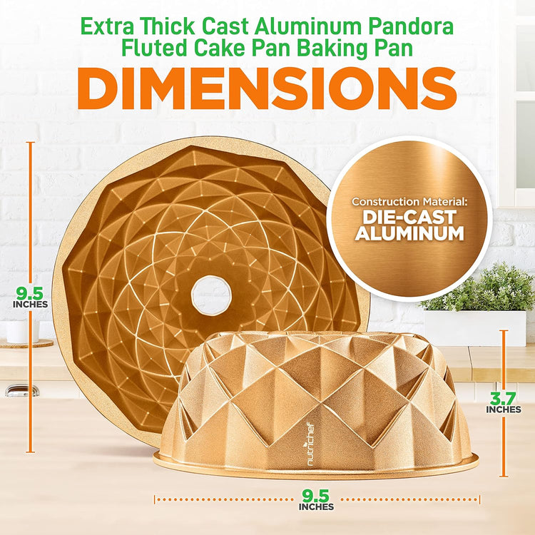 NutriChef 9-Inch Cake Pan - Thick and Heavy Cast Aluminum Bakeware Cake Mold with 2 Layers of Nonstick Coating - French Wreath Design for Uniform Baking Up To 500 Degrees - Easy to Clean, Gold