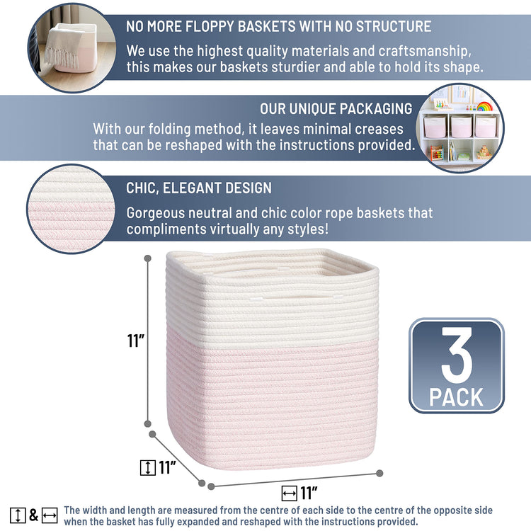 Storage Cubes 11 Inch Cotton Rope Woven Baskets for Organizing (3 Count)