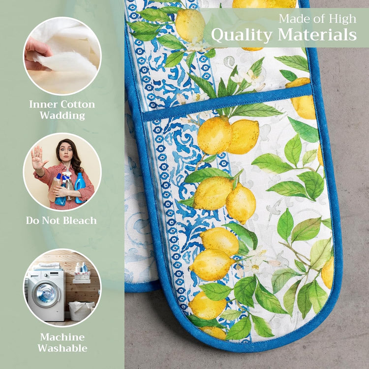 Maison d' Hermine Double Oven Mitts 100% Cotton 7"x35" Double Oven Mitt Heat Resistant BBQ Cooking Gloves with Loop, Baking, Grilling, Home, Kitchen, Handling Hot Pans Spring Summer (Cedrat)