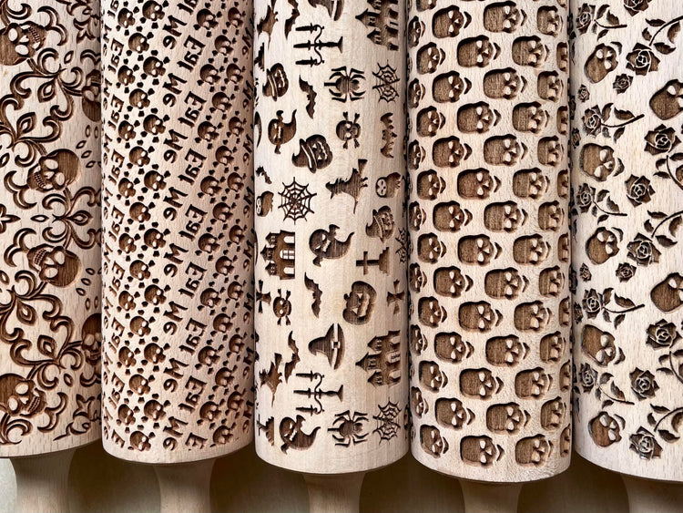 HALLOWEEN 3 Mini Embossed Rolling Pin Set. Wooden Laser Engraved Textured rolling pins for Cookies