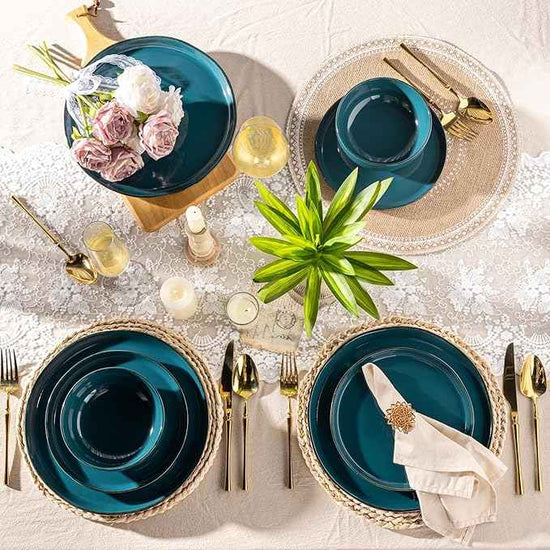 AmorArc Ceramic Dinnerware Sets for 4, 12 Pieces Handpainted Plates and Bowls Set with Rustic Terracotta Underside, Scratch Resistant Stoneware Dishes Set, Dishwasher & Microwave Safe