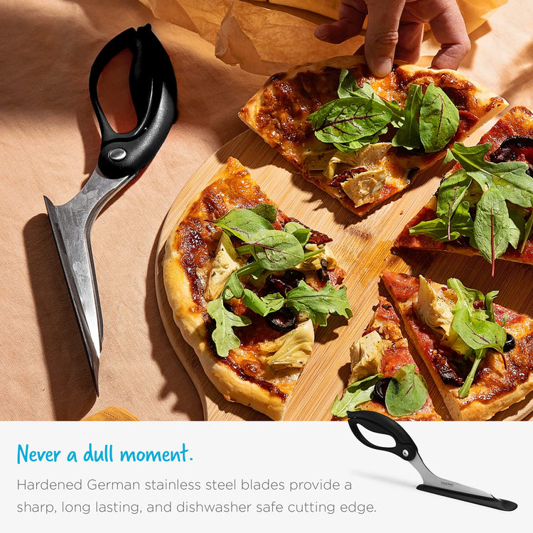 Scizza 2-In-1 Easy Ergonomic Pizza Scissors with Stainless Steel Pizza Cutter Blades & Non-Stick Slice Server - Black