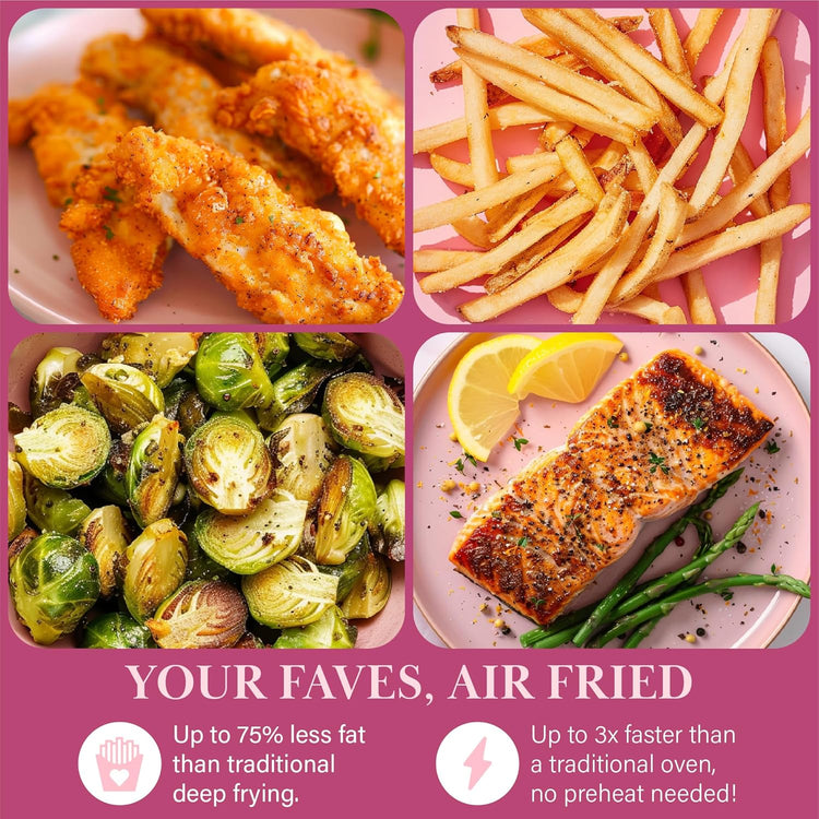 Paris Hilton Air Fryer, Large 6-Quart Capacity, Nonstick Made without PFAS, Touchscreen Display, 8-in-1 (Air Fry, Roast, Broil, Bake, Reheat, Keep Warm, Pizza, Dehydrate), Dishwasher Safe, White