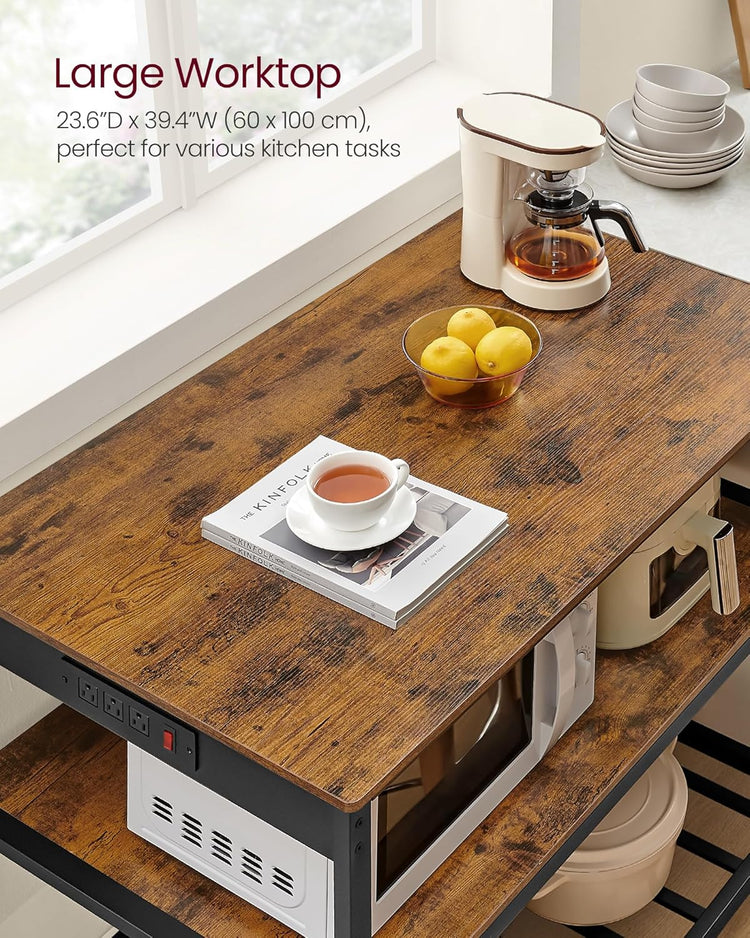 VASAGLE Kitchen Island with 3 Shelves, 39.4 Inches Width Kitchen Shelf with Power Strip, Large Worktop, Stable Steel Structure, Industrial, Easy to Assemble, Rustic Brown and Black UKKI105K01