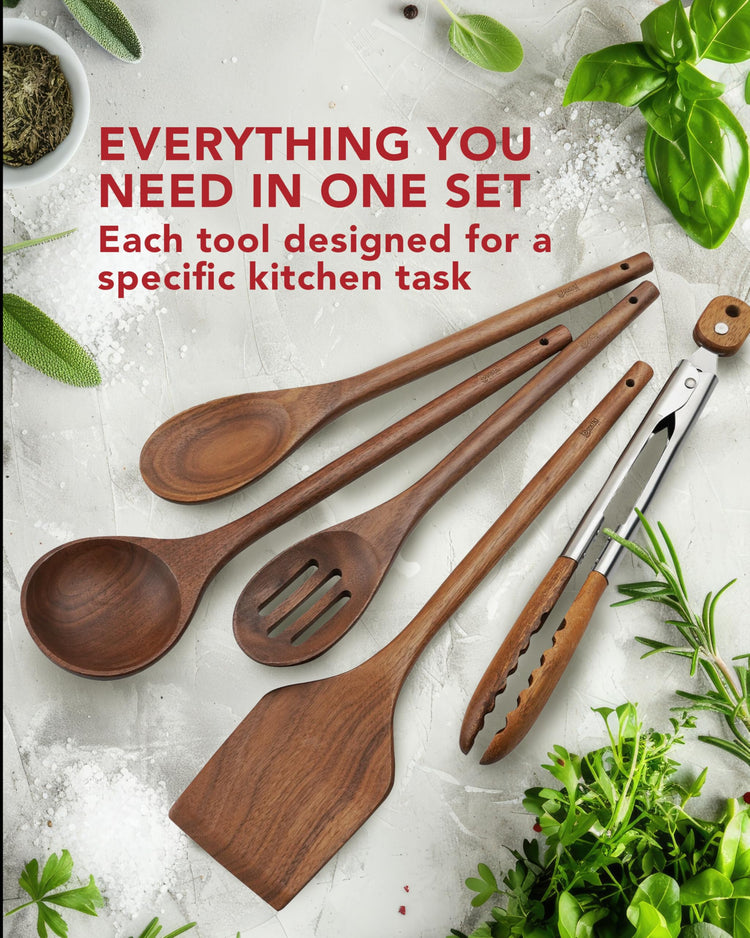 Elegant 5 Piece Walnut Wood Kitchen Utensil Set (5 Count)