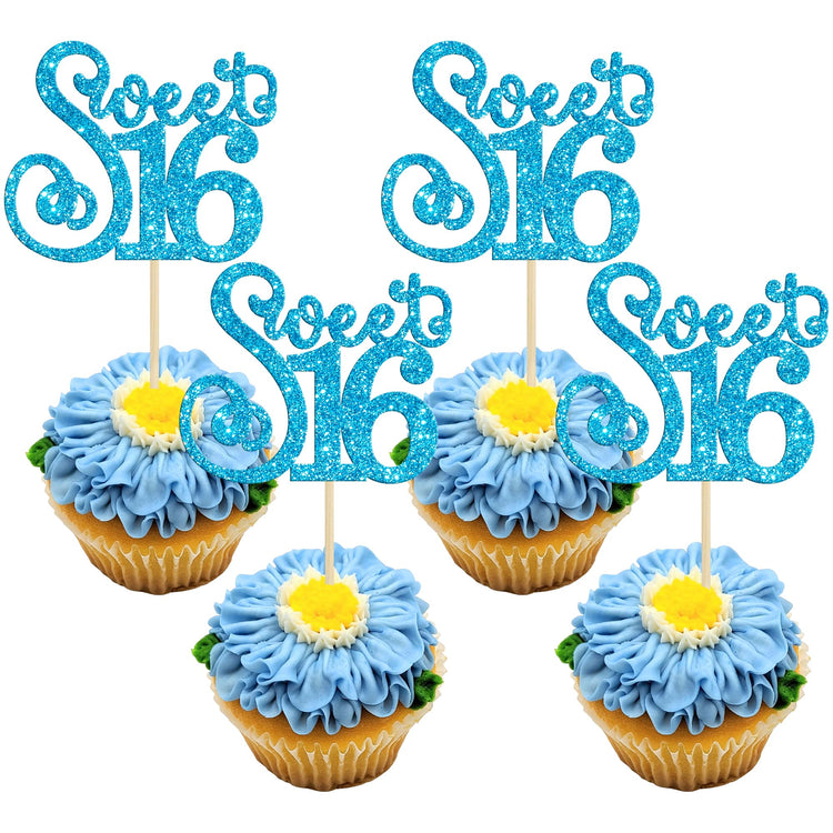 24 Pack 16th Birthday Cupcake Toppers Glitter Sixteen Happy Sweet 16 Cupcake Picks Cheers to 16 Years Old Cupcake Decorations for 16th Birthday Anniversary Party Supplies Light Blue (24 Count)