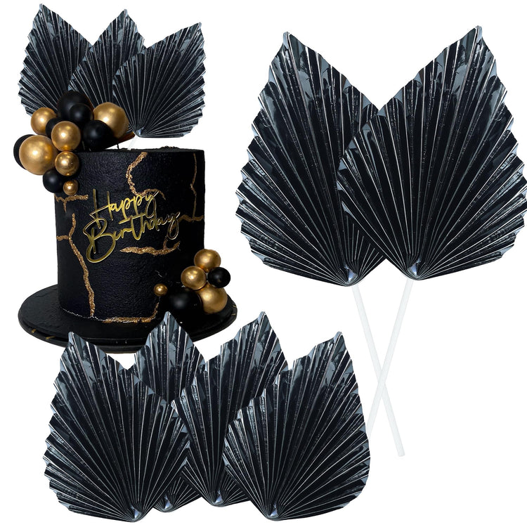 6Pcs Paper Palm Fan Cake Toppers Palm Spear Leaves Fan Cupcake Toppers Cake Insert Decorations Craft DIY Cake Bakeware Decoration for Birthday Party Wedding Party Decor Supplies Light Black (6 Count)