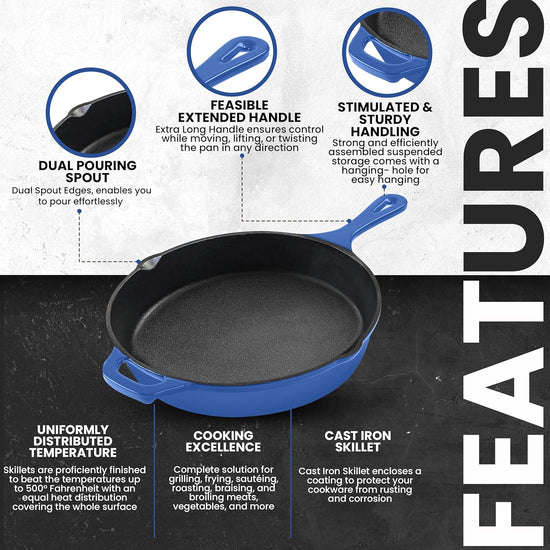 Utopia Kitchen Pre Seasoned Chefs Pan Cast Iron Skillet Frying Safe Grill Cookware for indoor & Outdoor Use (Blue, 10.25 Inch (Pack of 1)) - Nestoria